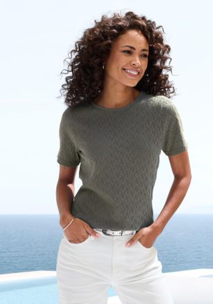 Vivance Kurzarmshirt VIVANCE mit modischem Ajour-Muster, Damen, Gr. 32/34, gr&uuml;n (graugr&uuml;n), Feinstrick, Obermaterial: 60% Baumwolle, 40% Polyester, figurumspi