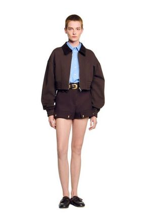 Sandro Cropped dual-fabric sweatshirt in Brown at Nordstrom, Size X-Large