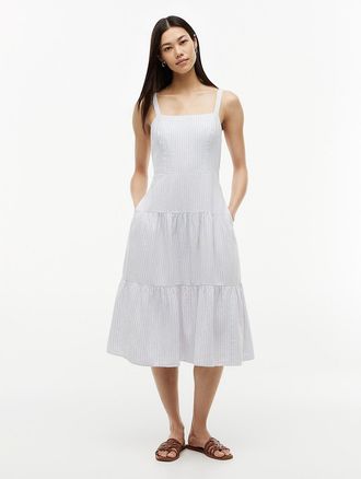 Tommy Hilfiger Womens Striped Tiered Linen-Blend Midi Dress - Blue - XXL