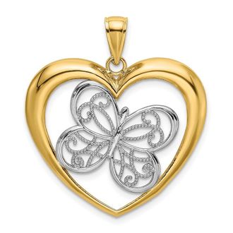 Diamond2Deal 14k Yellow Gold Rhodium Butterfly in Heart Charm
