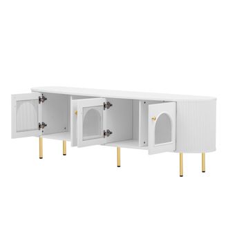 STILVORA Mueble Tv Con 4 Puertas De Cristal Y Pasacables, Tiradores Y Patas Doradas, Estilo Elegante, 170&times;35&times;55 Cm, En Mdf, Blanco+oro