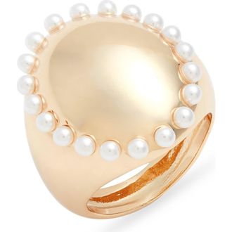 Open Edit Faux Pearl Border Signet Ring in White- Gold at Nordstrom, Size 9