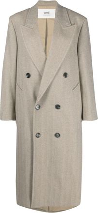 Ami double-breasted herringboned long coat - women - Virgin Wool/Polyamide/Polyester/Cotton - 34 - Neutrals