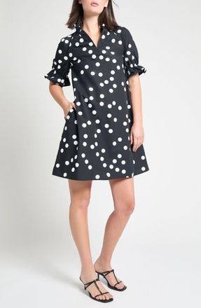 Ming Wang Ruffle Detail Poplin Shift Dress in Black/white at Nordstrom, Size Xx-Small