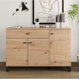 Dmora Credenza Uyuni, Alacena Un Caj&oacute;n, 3 Estantes, Apertura Batiente, Deslizante, 116x35x78h Cm Roble Marr&oacute;n Nudos