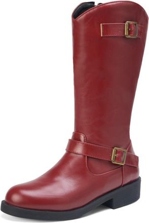 Generic Womens Knee High Faux Leather Boots Double Metal Buckle Straps Round Toe Side Zip Low Block Heels Solid Color Durable Stylish Design,Red,5.5 UK