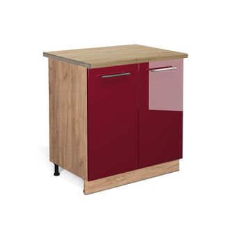 Vicco Armario Bajo Para Fregadero Fame-line, Rojo Burdeos Alto Brillo, 80 Cm Con Estante, Et Roble Vicco