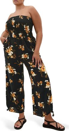 City Chic Aruba Floral Strapless Jumpsuit in Black Print at Nordstrom, Size 12W