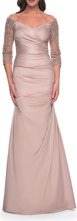 La Femme Mermaid Satin Dress with Gathering and Off the Shoulder Top in Champagne at Nordstrom, Size 16