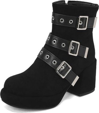 Generic Womens Round Toe Platform Boots with Buckle Faux Suede Short Boots with Side Zipper Chunky Heel Retro Dress Boot,Black,2.5 UK