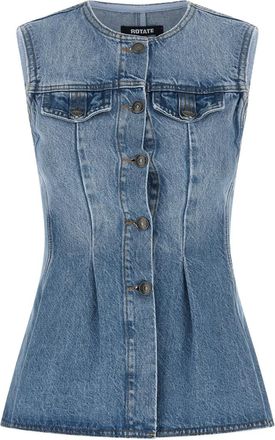 Rotate Light Blue Crew Neck Flared Denim Top