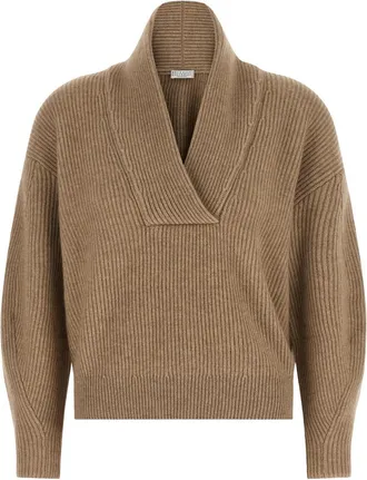 Brunello Cucinelli Beige Knitted Shawl Neck Sweater