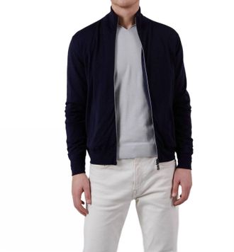 Fedeli Paros Reversible Full Zip Stretch Bomber Sweater In Navy