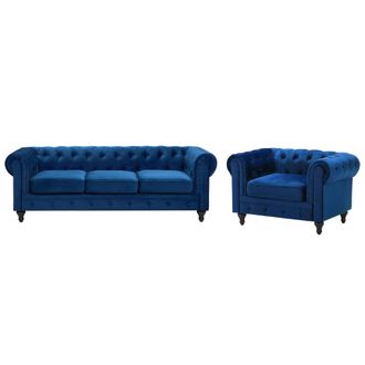Beliani Conjunto De Sof&aacute;s Chesterfield Tapizado En Terciopelo Azul Cobalto Patas De Madera Oscura Sof&aacute; 3 Plazas + Sill&oacute;n Estilo Cl&aacute;sico Chesterfield