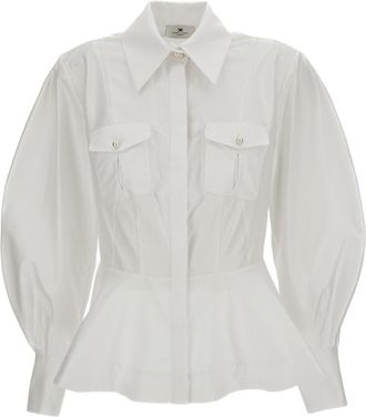 Elisabetta Franchi White Flounce Peplum Cotton Poplin Shirt