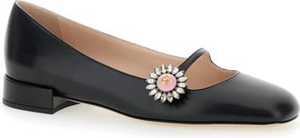 Valentino Garavani Womens Black Ballet Shoes With Floral Detail Goat Leather Ballerina