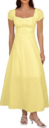 Generic Summer Dresses for Women Light and Flowy Long Elegant with Puff Sleeves Square Neck A-Line Midi Dress with Back Lacing (Yellow, S)