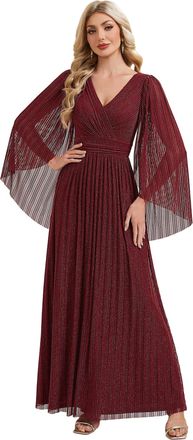 Ever-pretty Womens Lurex Evening Dress V-Neck Flowy Flared Sleeve Pleated Maxi Gown for Wedding Party Formal Events Burgundy 16