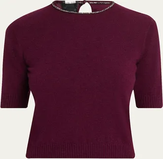 Giorgio Armani Embellished Short-Sleeve Cashmere Crewneck Sweater