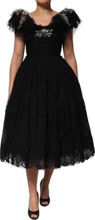 Dolce & Gabbana Womens Black Crystal Embellished Midi A-Line Dress Acetate
