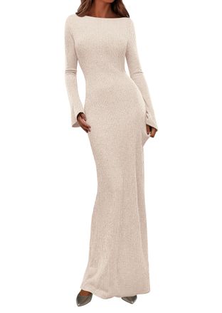 PrettyGarden Womens Fall Fashion 2025 Long Sleeve Maxi Dress Ribbed Knit Boat Neck Bodycon Casual Dresses Going Out Outfits, Beige, M