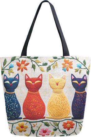 Alaza Canvas Tote Bag Large Women Casual Shoulder Bag Handbag Cats Embroidered Texture Reusable Multipurpose Heavy Duty Shopping Grocery Cotton Bag for Mom