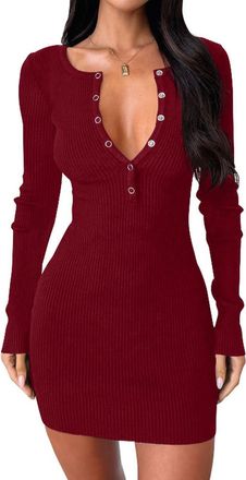 Generic Women Long Sleeve Sweater Dress, Sexy V-Neck Button-Up Bodycon Dress, Autumn and Winter Ribbed Stretch Knit Mini Dresses, for Daily Wear, Work, Date, 