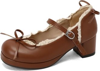 Generic Womens Mary Jane Pumps with Chunky Heel Sweet Style Shoes for Lolita,Brown,5.5 UK