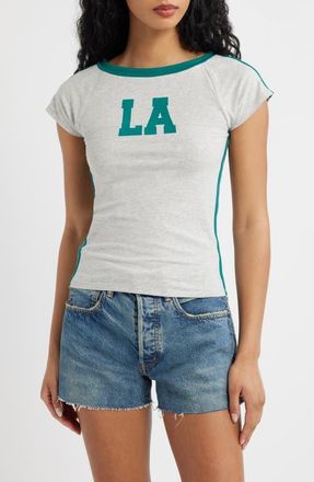 Vinyl Icons LA Off the Shoulder Graphic Ringer T-Shirt in Heather Grey at Nordstrom, Size X-Small