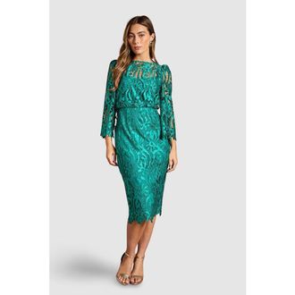 Coast Satin Lace Boat Neck Midi Dress in Emerald at Nordstrom, Size 10