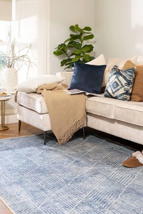 Kukoon Denim Blue Geometric Distressed Washable Living Room Area Rug in Mid Blue | Size: 240 cm x 330 cm