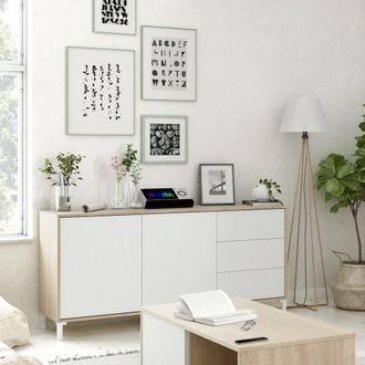 Dmora Aparador Dbog, Aparador Moderno Con 2 Puertas Y 3 Cajones, Bufet De Sal&oacute;n, Gabinete De Tv, Aparador Para Sal&oacute;n, 154x41h74 Cm, Roble Y Blanco - Dmora