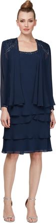 S.L. Fashions Womens Embellished Tiered Jacket Dress (Petite and Regular) Special Occasion, Navy, 16