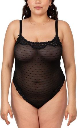Curvy Couture Sheer Whisper Lace Thong Teddy in Onyx at Nordstrom, Size 3X-Large