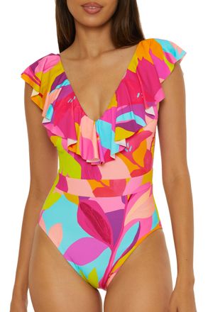 Trina Turk Womens Lilleth Ruffle One Piece Swimsuit, Plunge V-Neck, Floral Print, Bathing Suits Swimwear Cover Up, Multicolor, 14
