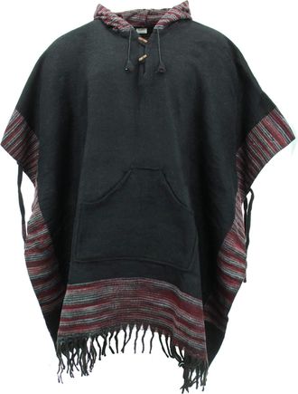 Loud Elephant Soft Vegan Wool Hooded Tibet Poncho - Black & Red Grey