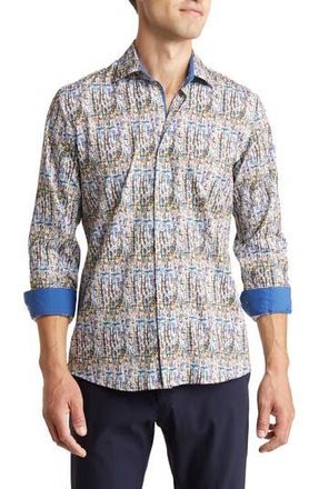 Tom Baine Abstract Print Long Sleeve Slim Fit 4-Way Stretch Shirt in Blue at Nordstrom Rack, Size Xx-Large