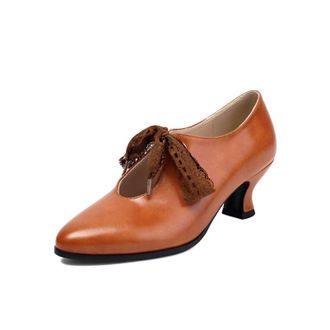 Generic Womens PU Leather Pumps Pointed Toe Low Stiletto Heel Lace Bow Decoration Cutout Design Soft Lining Reinforced Stitching Stylish Shoes,Brown,6.5 UK