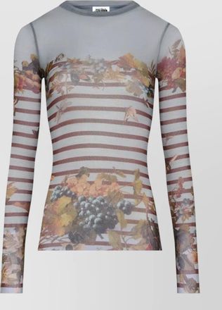 Jean Paul Gaultier crew neck floral striped sheer long sleeves
