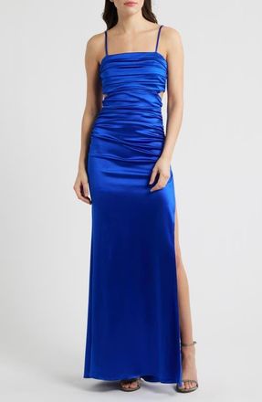 Emerald Sundae Ruched Sleeveless Satin Gown in Cobalt at Nordstrom, Size Medium