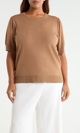 Anne Klein Short Puff Sleeve Sweater in Vicuna at Nordstrom, Size 1X