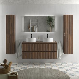 Cygnus Bath Mueble De Ba&ntilde;o Kira 120cm Nogal 4 Cajones Lavabo Sobre Encimera 2 Pozas Porcelana