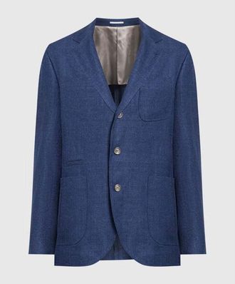 Brunello Cucinelli Blue Linen Wool Blend Blazer, Brand Size 48 (US Size 38)