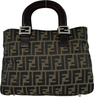 Fendi Black Brown Canvas Leather Handbag Tote Bag (Pre-Owned)