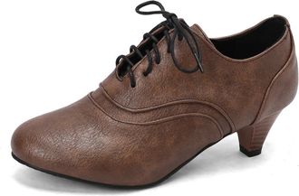 Generic Womens Lace-Up Pumps Round Toe PU Leather Upper Block Heel Contrast Laces Stitched Design Soft Inner Lining Slip-On Comfort Shoes,Brown,6.5 UK