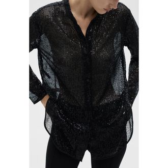 Mango Xurano Sequin Button-Up Shirt in Black at Nordstrom Rack, Size 8
