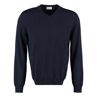 THE (ALPHABET) V-neck Knitwear, male, Blue, Size: S Ribbed Wool Pullover