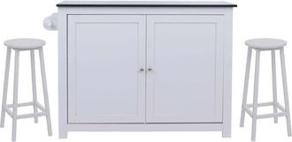 Hhg [nunca Usado] Isla De Cocina Hhg-683 Con 2 Taburetes, Armario De Cocina Con Cajones Y Compartimentos De Almacenamiento Mdf 90x120x45 Cm, Blanco, Aspec