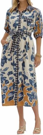 Entro Botanical Midi Shirt Dress With Tie Waist In Slate Blue
