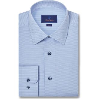 David Donahue Slim Fit Stretch Twill Microhoundstooth Dress Shirt in Blue at Nordstrom Rack, Size 15 - 34/35